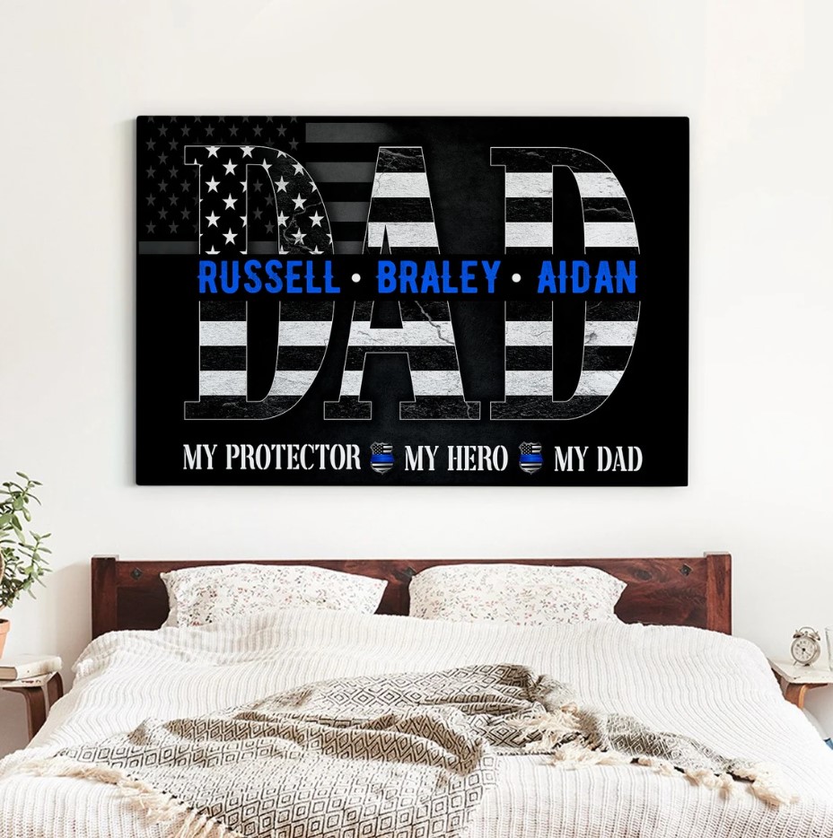 Custom Name Policeamerican Flag Canvas Printslaw Enforcement Poster Wall Artgift For Fatherfathers Day Gift